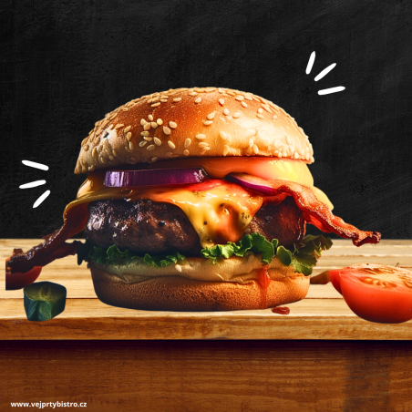 Beef Cheeseburger mit hausgemachter Cheddarsauce, Speck, Gurke, karamellisierten Zwiebeln und geräucherter Mayonnaise